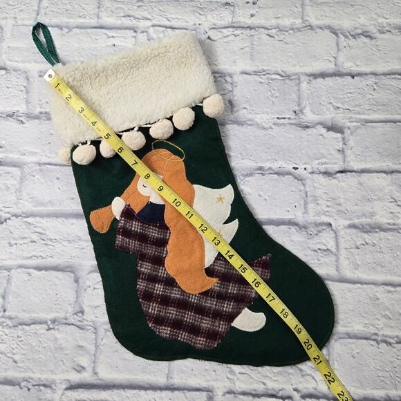 Old Fashion Angel Christmas Green Stocking White Fleece Cuff Green Check Lining - Picture 6 of 10